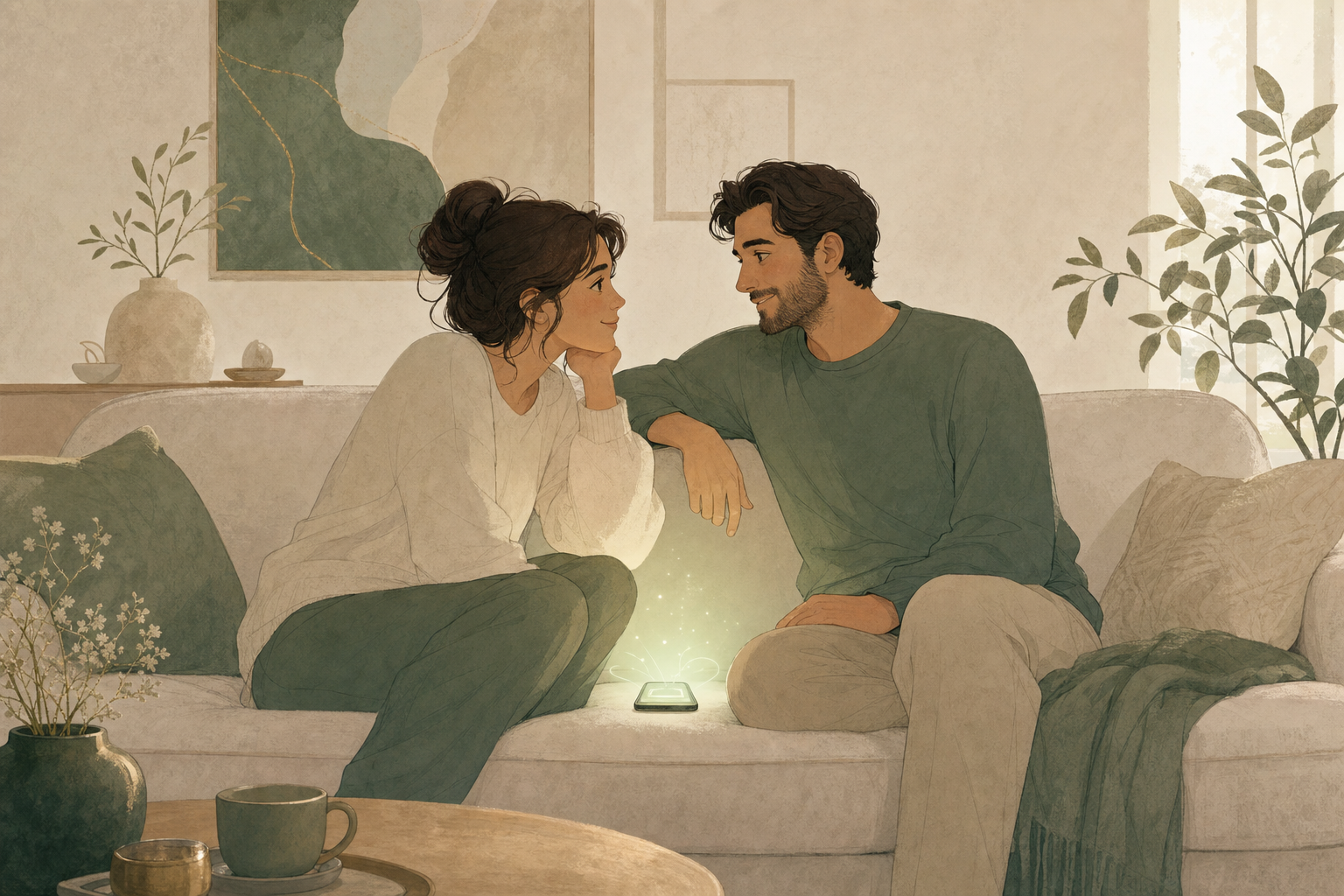 A couple reconnecting on the sofa, Ray their AI coach glowing softly between them